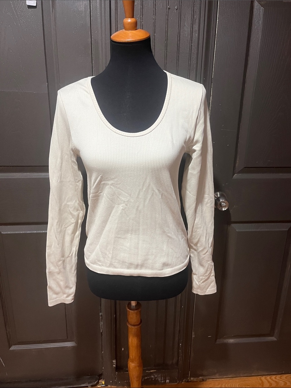 No Boundaries Cream Ribbed Scoop Neck Long Sleeve Top